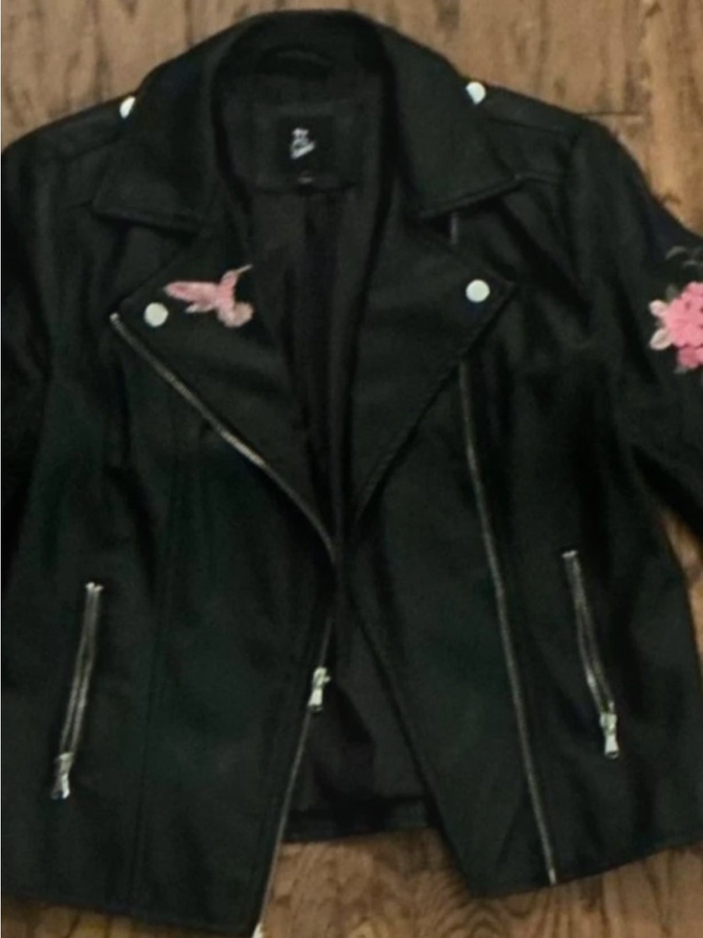 Black Pink Embroidered Motorcycle Jacket with Pockets M